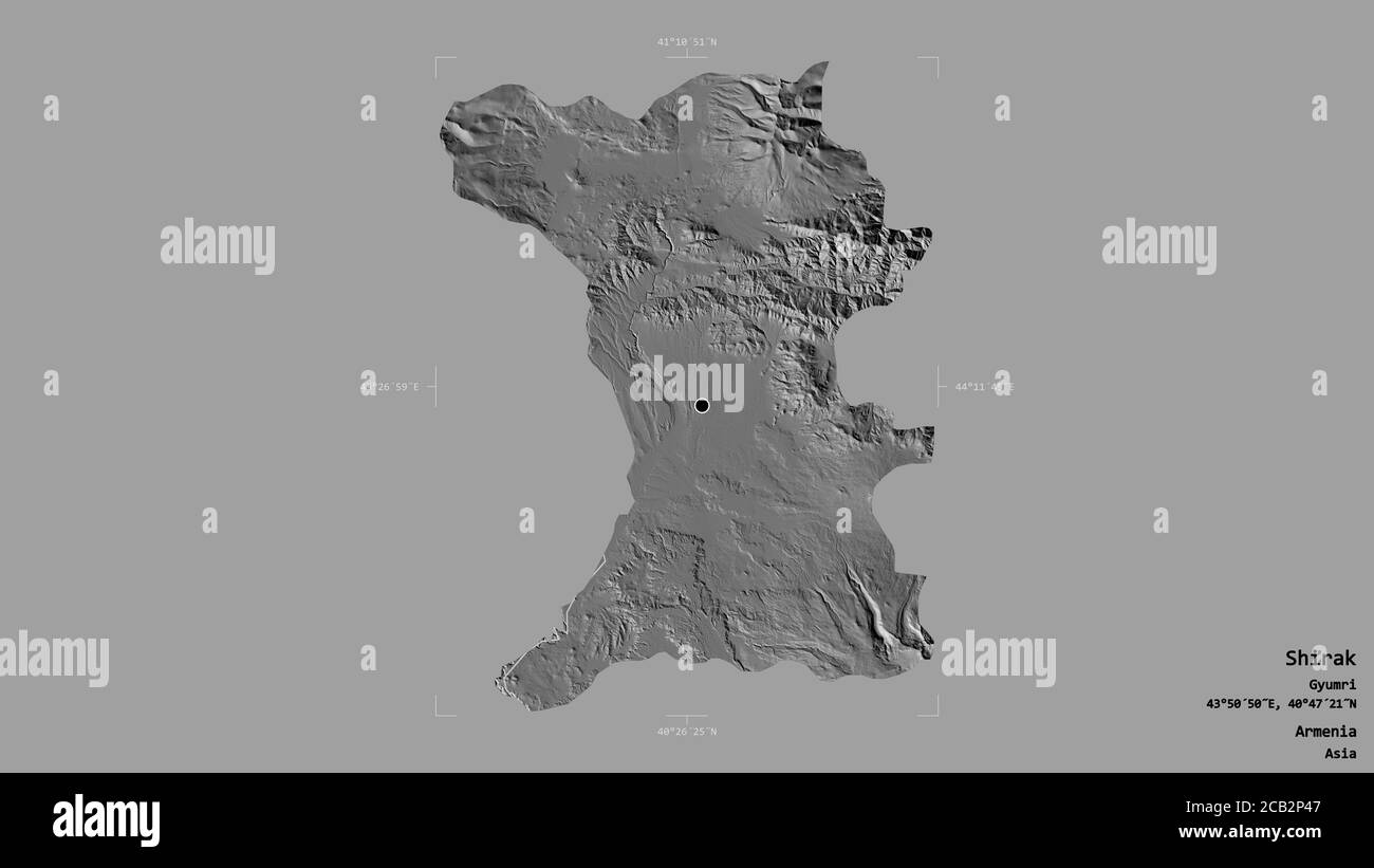 Area of Shirak, province of Armenia, isolated on a solid background in a georeferenced bounding box. Labels. Bilevel elevation map. 3D rendering Stock Photo