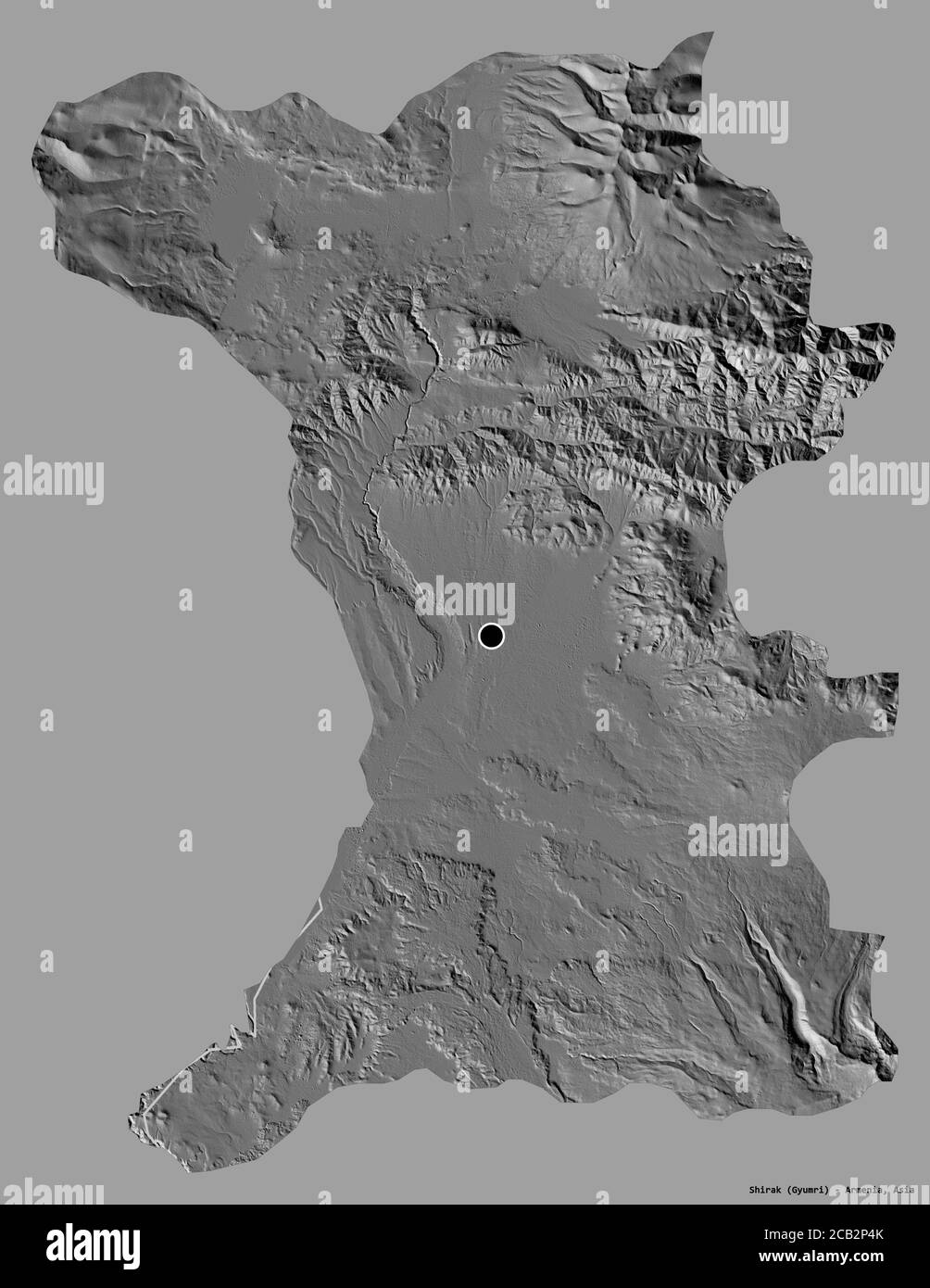 Shape of Shirak, province of Armenia, with its capital isolated on a solid color background. Bilevel elevation map. 3D rendering Stock Photo
