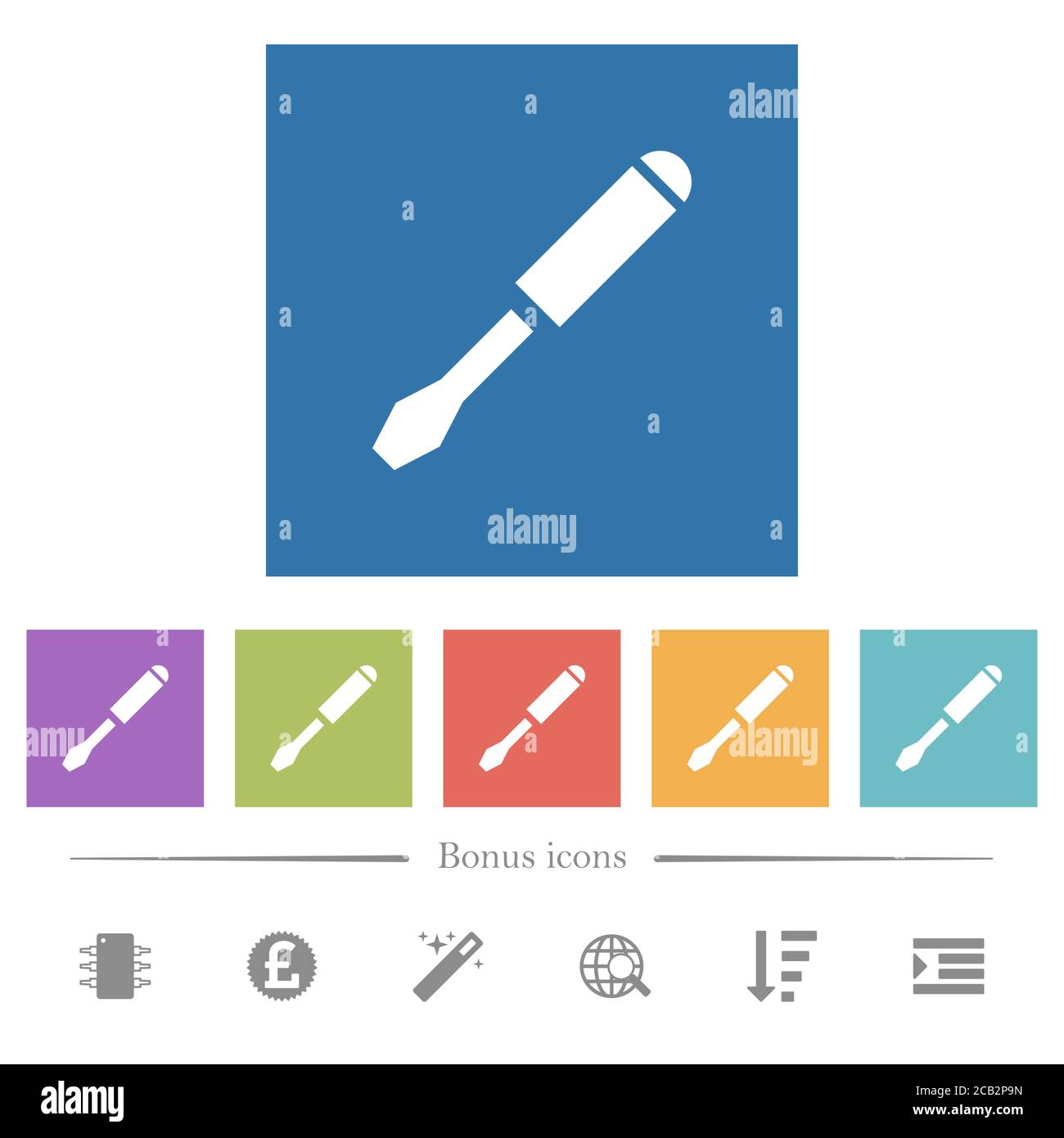 Single screwdriver flat white icons in square backgrounds. 6 bonus icons included Stock Vector