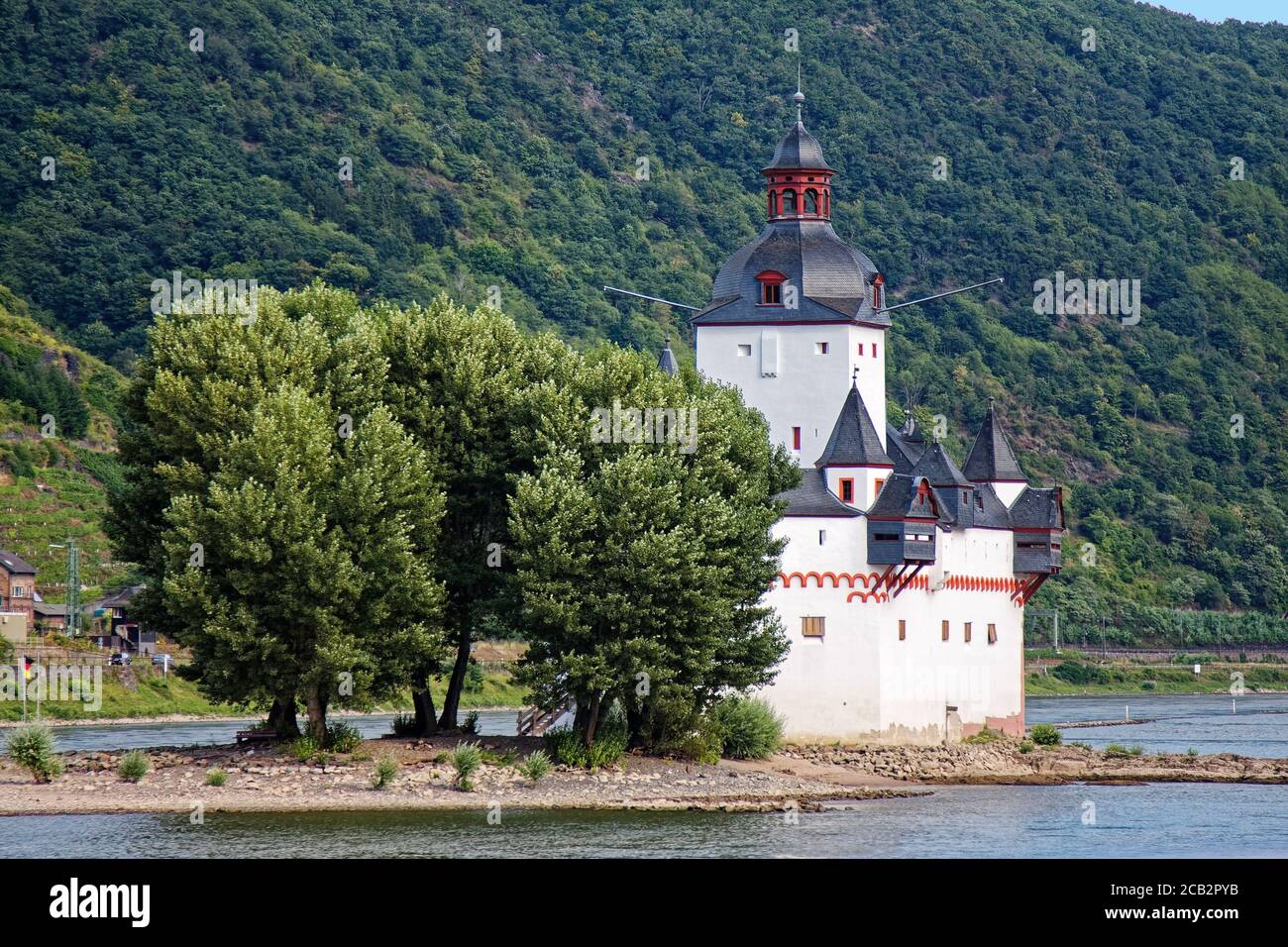 Pfalz Castle; 1327; toll castle; baroque tower cap; 17 century; old white building, red trim, small island; museum; Rhine River; UNESCO site; Europe; Stock Photo