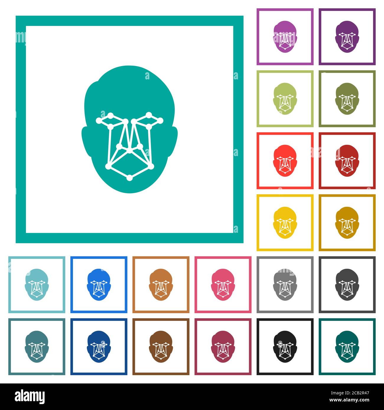 Face recognition flat color icons with quadrant frames on white ...