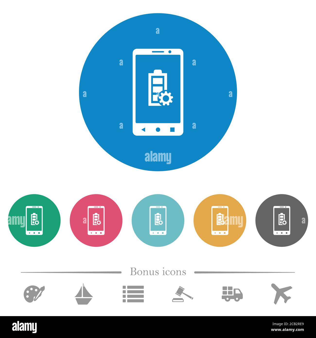 Mobile battery settings flat white icons on round color backgrounds. 6 ...