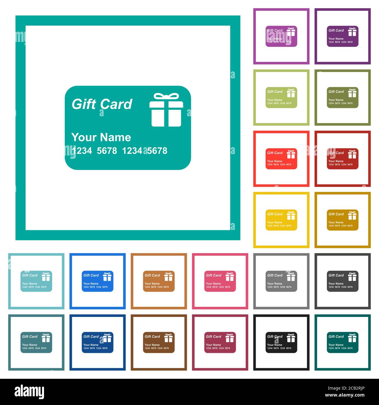 Gift card with name and numbers flat color icons with quadrant frames ...