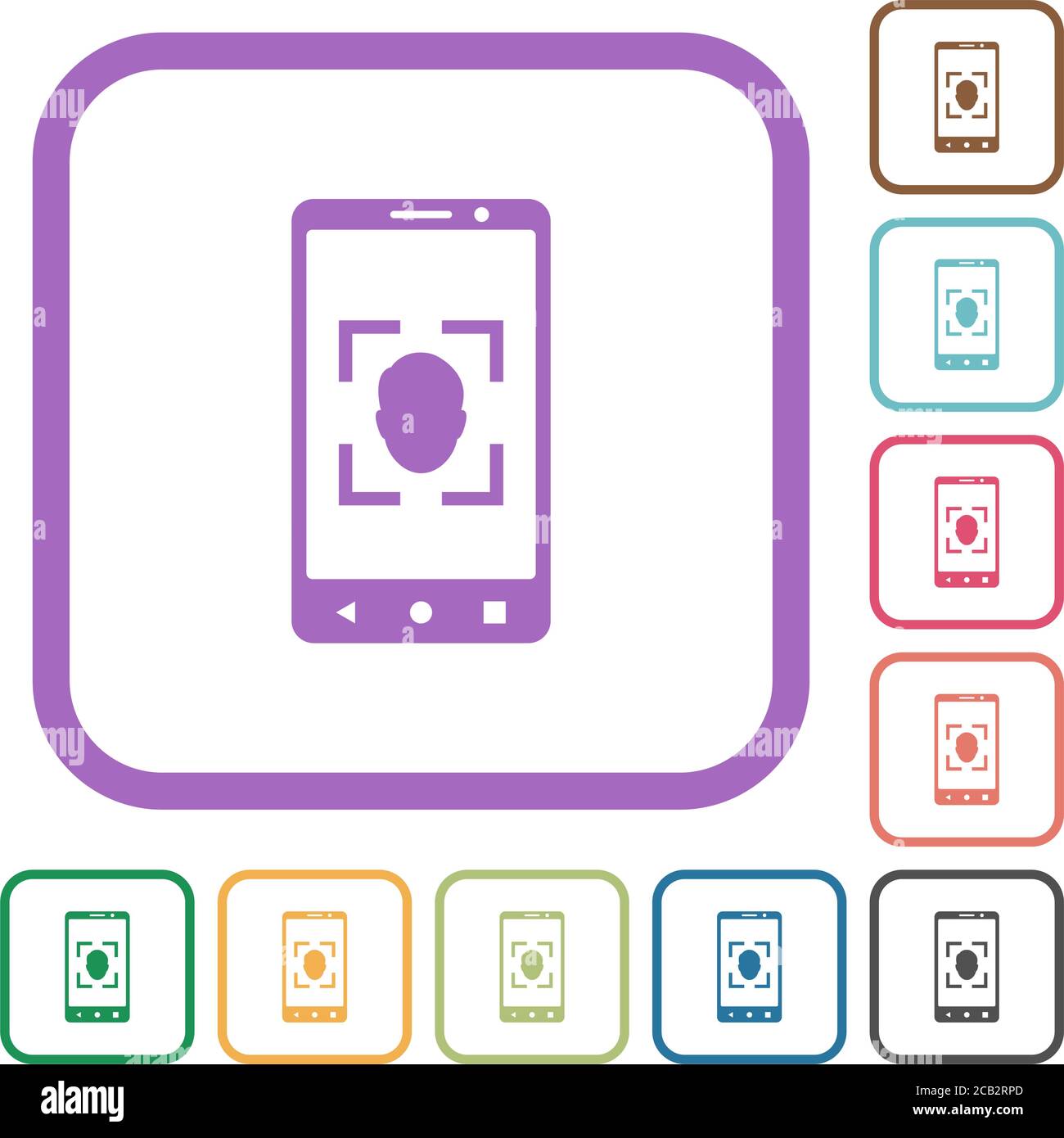 Mobile face detection simple icons in color rounded square frames on ...