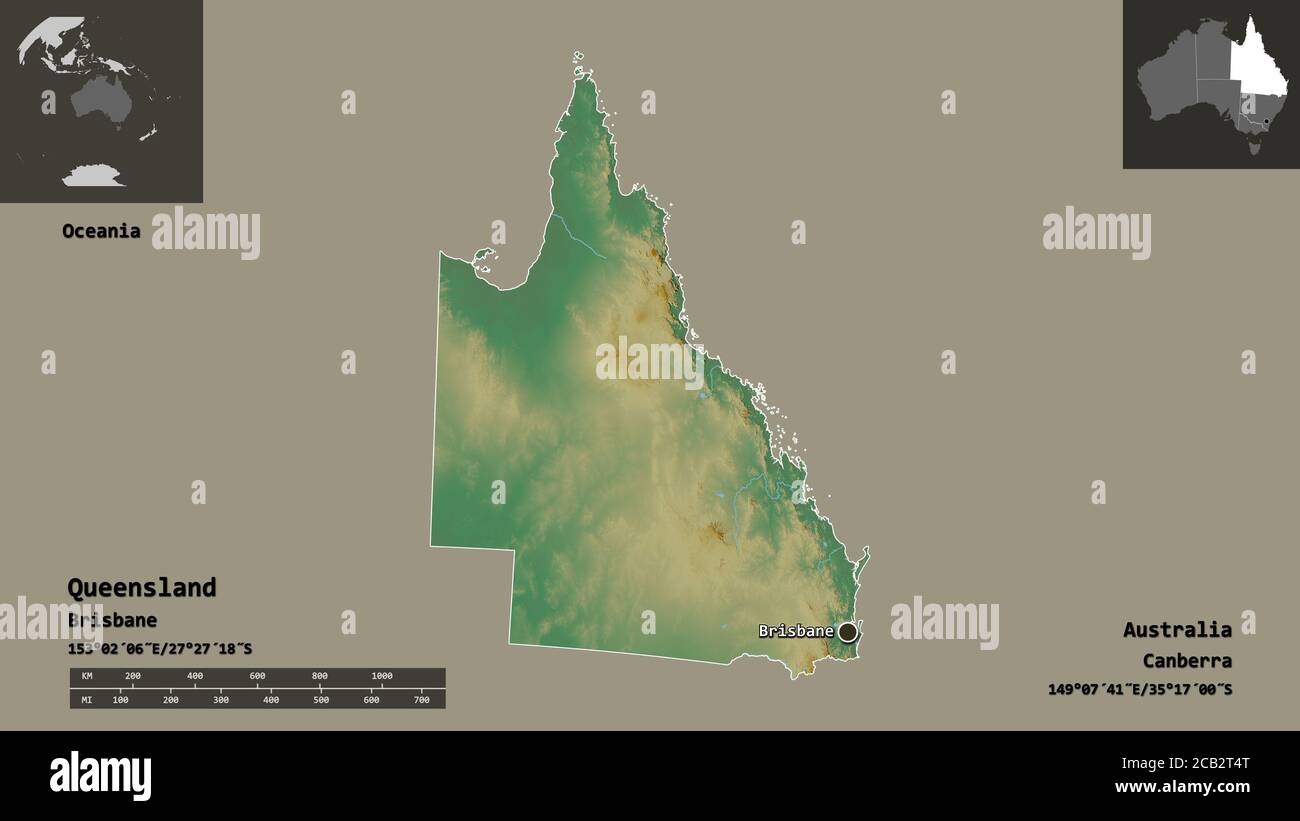 Shape of Queensland, state of Australia, and its capital. Distance