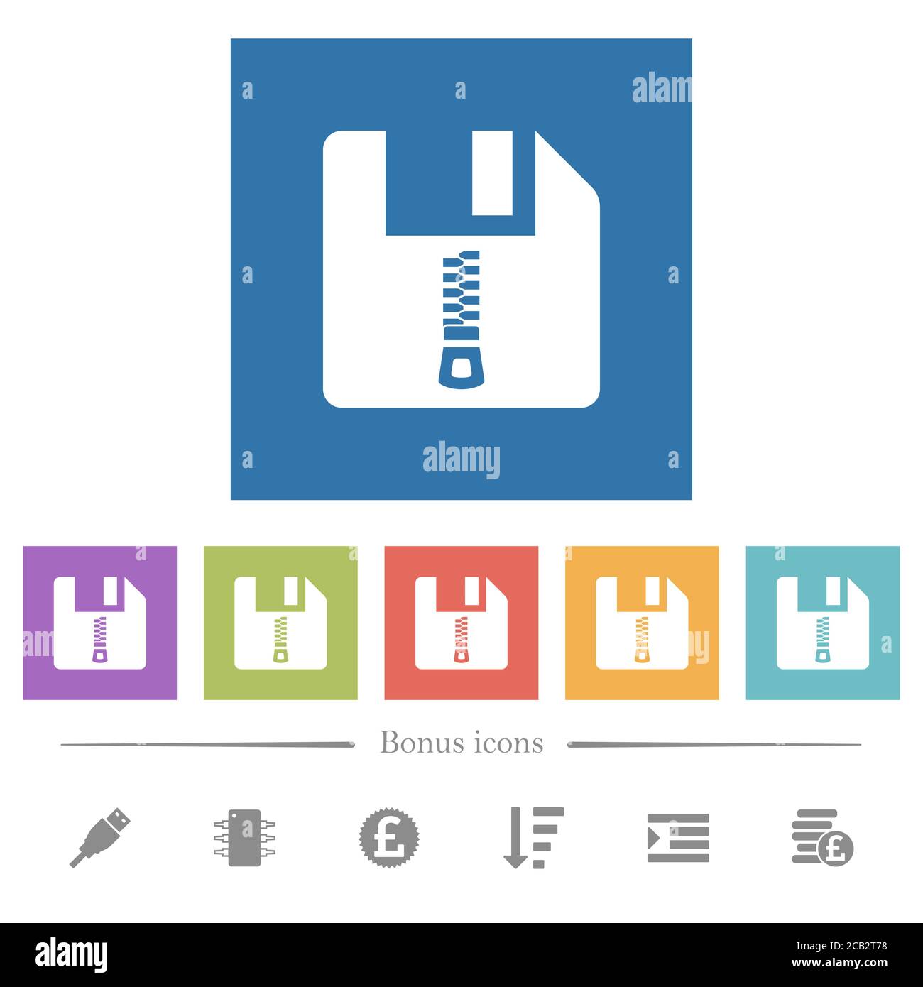 Compressed file flat white icons in square backgrounds. 6 bonus icons ...