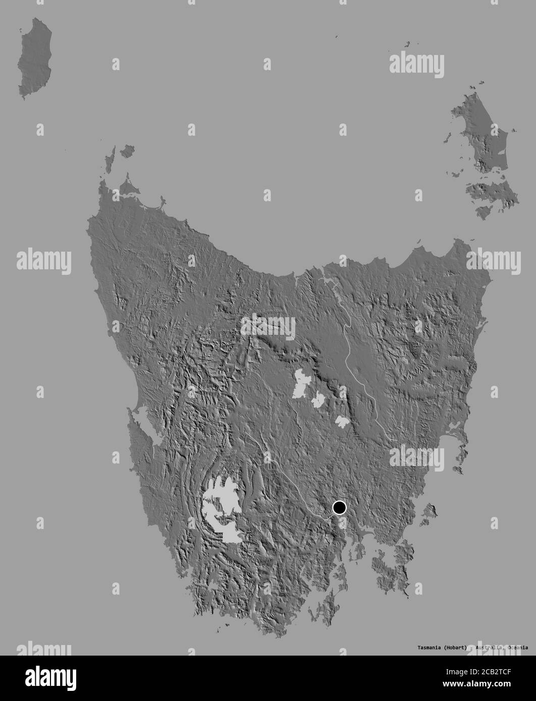 Shape of Tasmania, state of Australia, with its capital isolated on a solid color background. Bilevel elevation map. 3D rendering Stock Photo