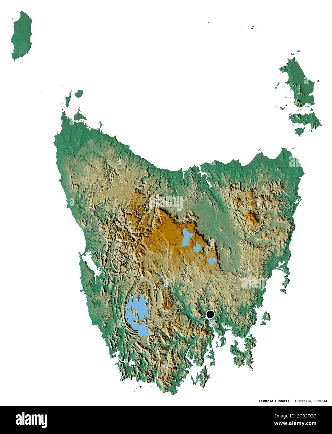 Shape of Tasmania, state of Australia, with its capital isolated on white background. Topographic relief map. 3D rendering Stock Photo
