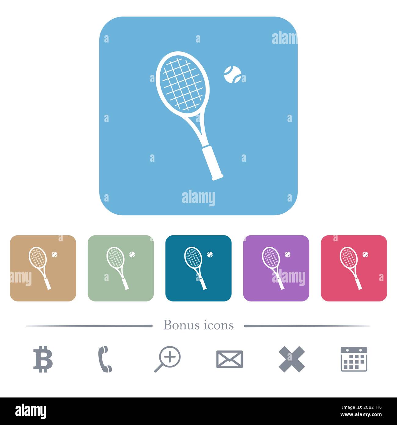 Tennis racket with ball white flat icons on color rounded square ...