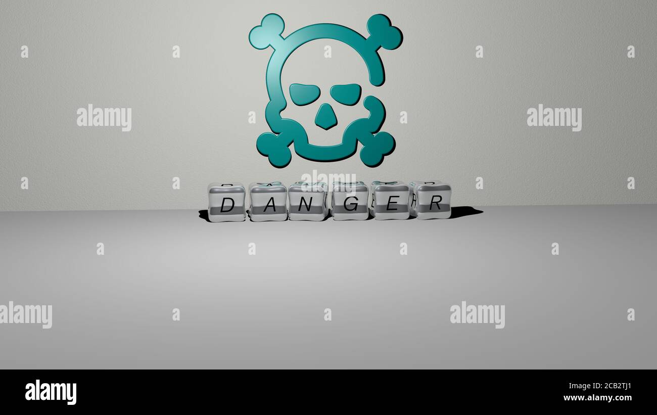 danger 3D icon on the wall and cubic letters on the floor. 3D ...