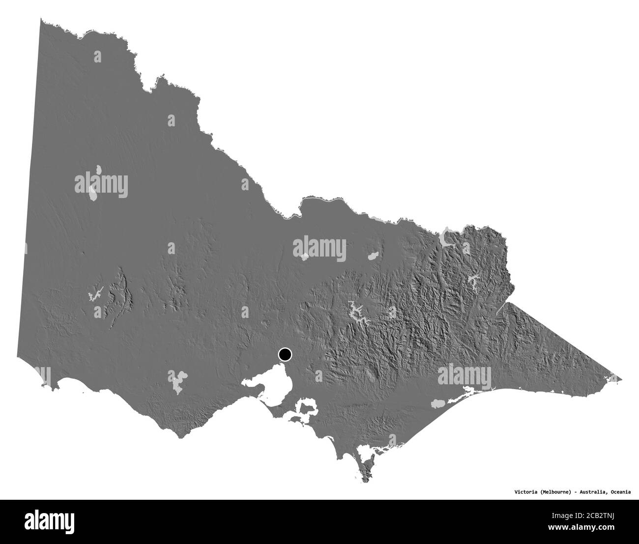 Shape of Victoria, state of Australia, with its capital isolated on white background. Bilevel