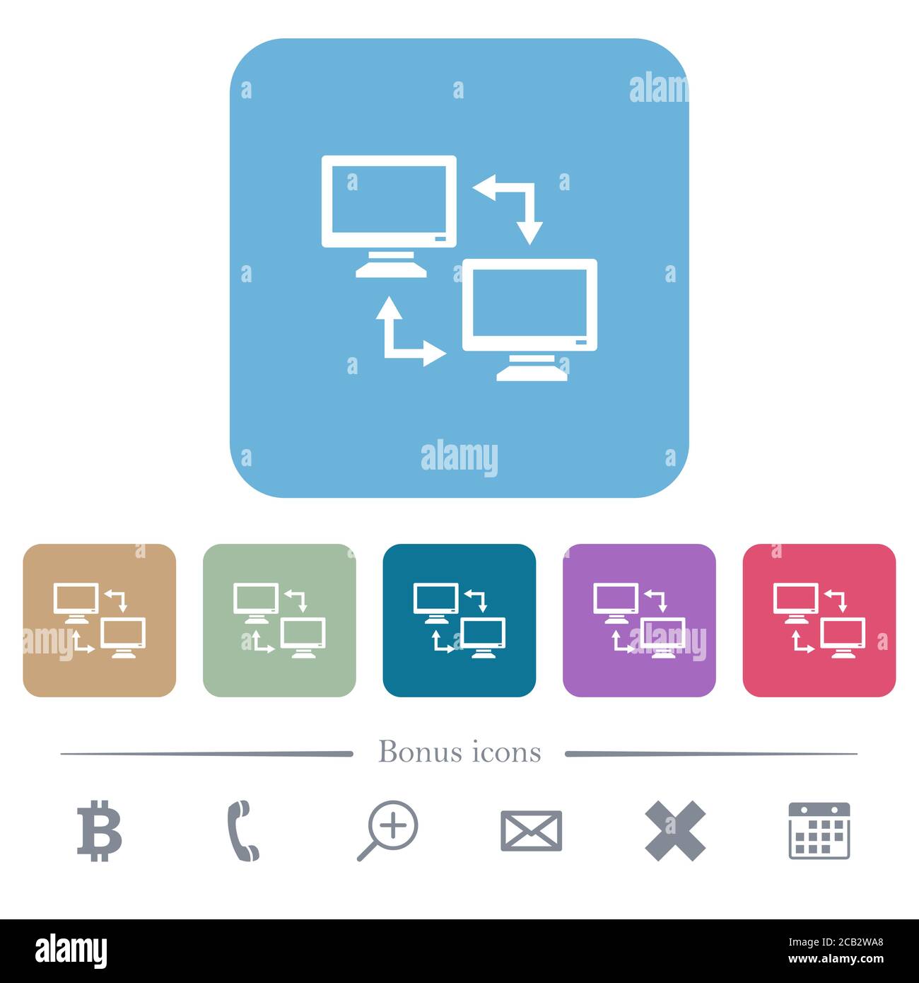 Data syncronization white flat icons on color rounded square ...