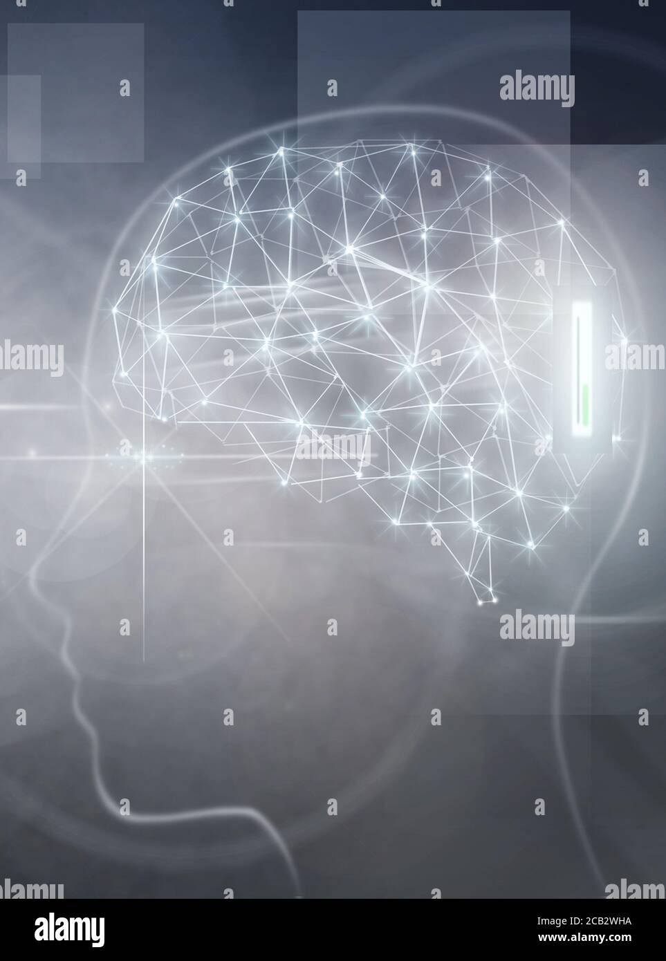 Robot hand reaching towards digitalized brain with implant Stock Photo