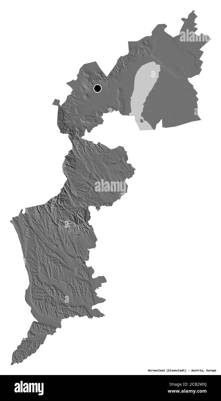Shape of Burgenland, state of Austria, with its capital isolated on white background. Bilevel elevation map. 3D rendering Stock Photo