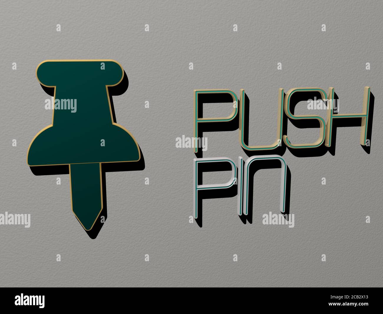 push pin icon and text on the wall. 3D illustration. button and ...