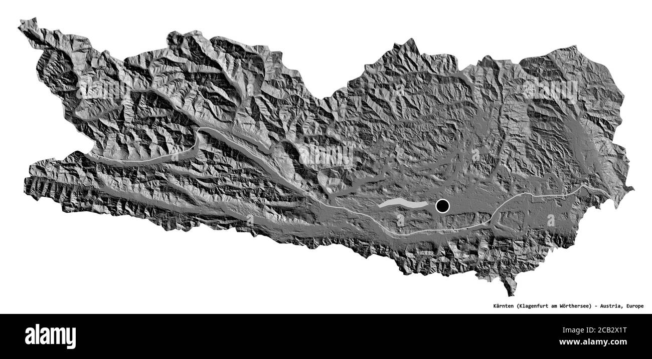 Shape of Kärnten, state of Austria, with its capital isolated on white background. Bilevel elevation map. 3D rendering Stock Photo