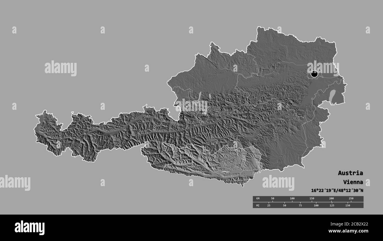 Desaturated shape of Austria with its capital, main regional division and the separated Kärnten area. Labels. Bilevel elevation map. 3D rendering Stock Photo