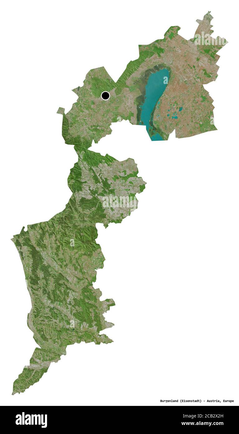 Shape of Burgenland, state of Austria, with its capital isolated on white background. Satellite imagery. 3D rendering Stock Photo
