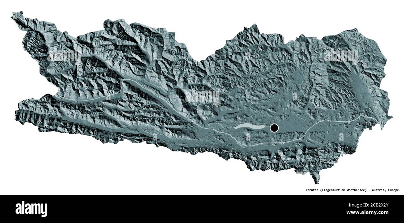 Shape of Kärnten, state of Austria, with its capital isolated on white background. Colored elevation map. 3D rendering Stock Photo