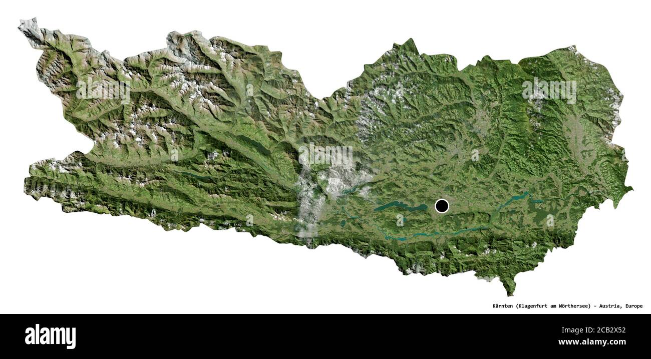 Shape of Kärnten, state of Austria, with its capital isolated on white background. Satellite imagery. 3D rendering Stock Photo