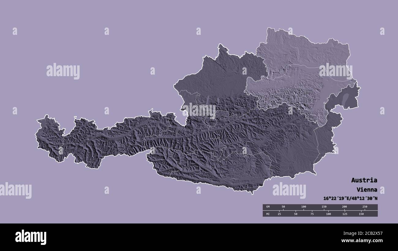 Desaturated shape of Austria with its capital, main regional division and the separated Niederösterreich area. Labels. Colored elevation map. 3D rende Stock Photo