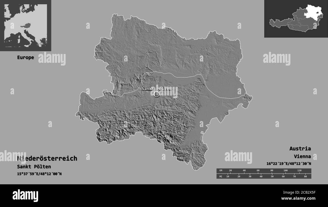 Shape of Niederösterreich, state of Austria, and its capital. Distance scale, previews and labels. Bilevel elevation map. 3D rendering Stock Photo