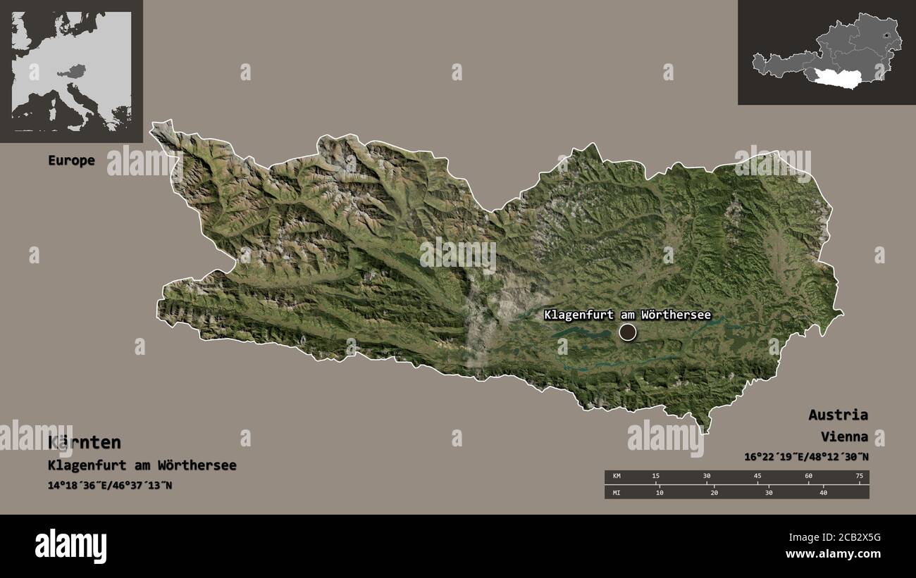 Shape of Kärnten, state of Austria, and its capital. Distance scale, previews and labels. Satellite imagery. 3D rendering Stock Photo