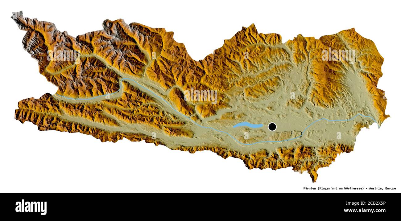Shape of Kärnten, state of Austria, with its capital isolated on white background. Topographic relief map. 3D rendering Stock Photo