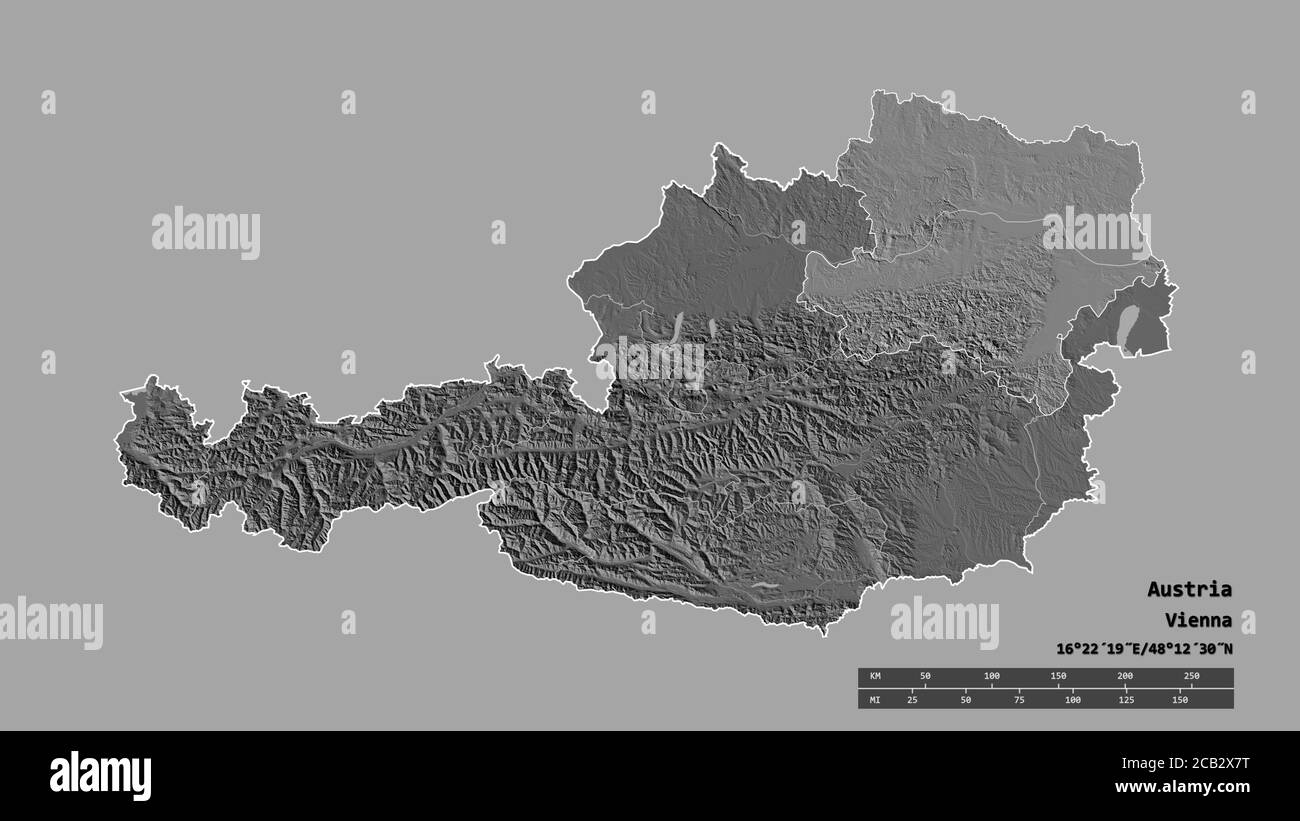 Desaturated shape of Austria with its capital, main regional division and the separated Niederösterreich area. Labels. Bilevel elevation map. 3D rende Stock Photo