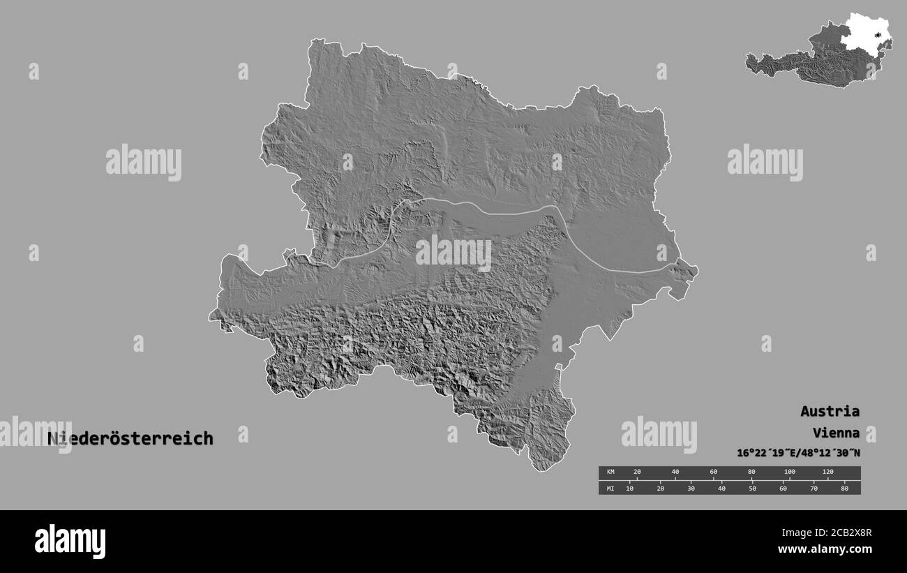 Shape of Niederösterreich, state of Austria, with its capital isolated on solid background. Distance scale, region preview and labels. Bilevel elevati Stock Photo