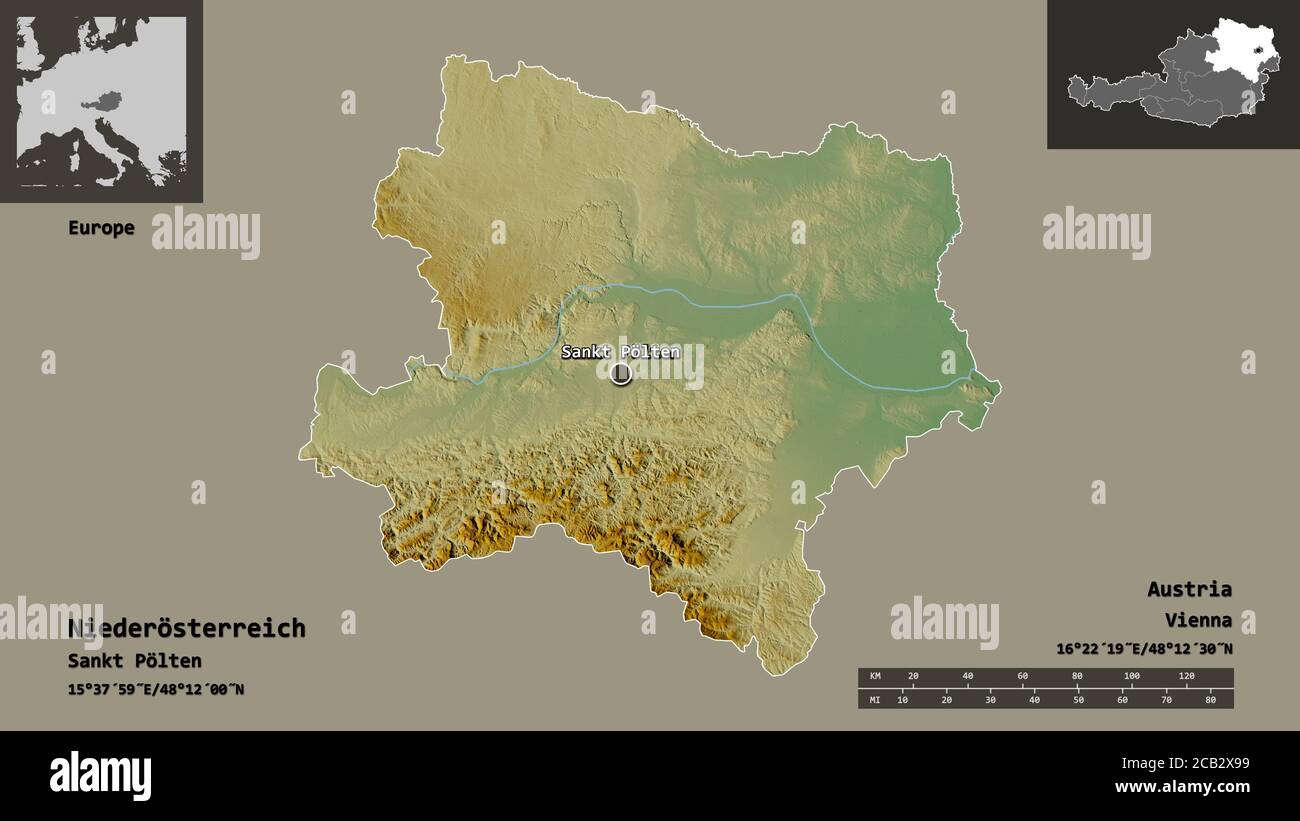 Shape of Niederösterreich, state of Austria, and its capital. Distance scale, previews and labels. Topographic relief map. 3D rendering Stock Photo