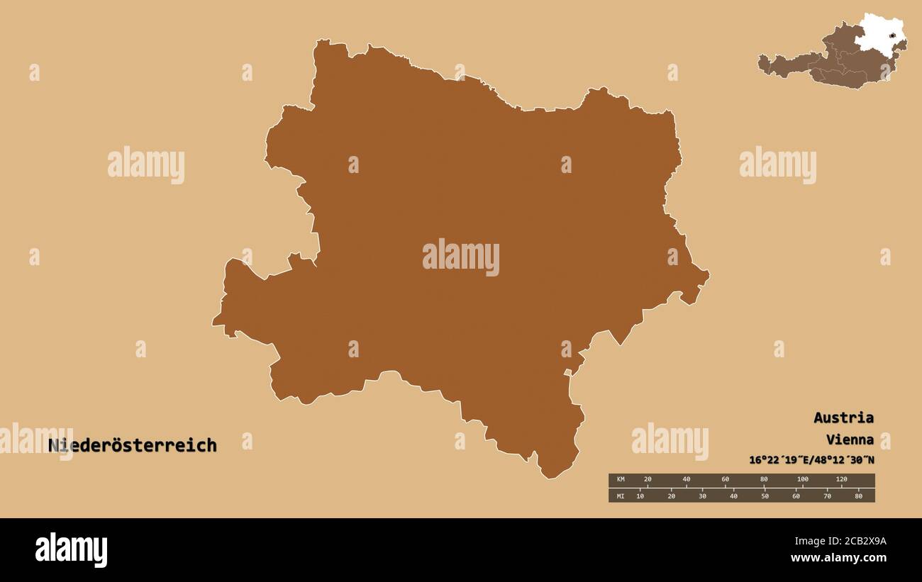 Shape of Niederösterreich, state of Austria, with its capital isolated on solid background. Distance scale, region preview and labels. Composition of Stock Photo