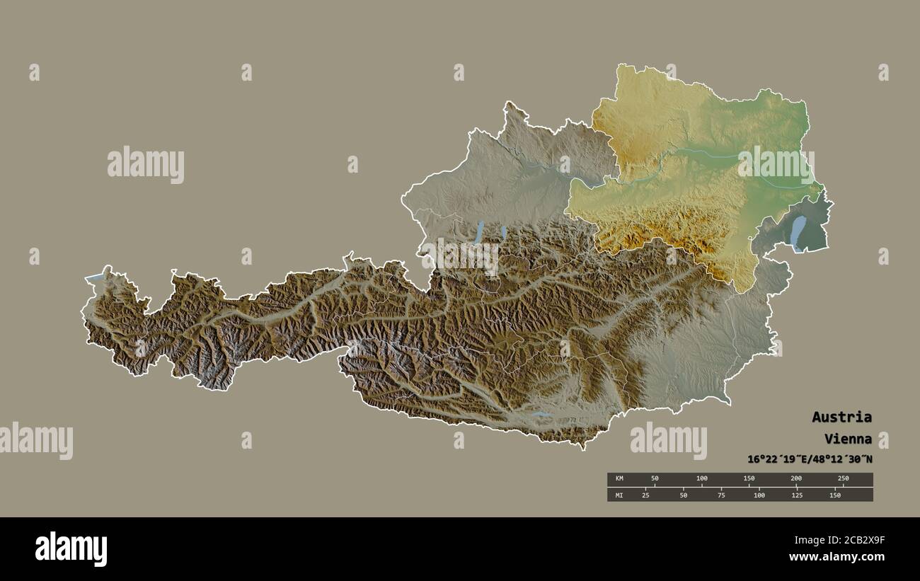 Desaturated shape of Austria with its capital, main regional division and the separated Niederösterreich area. Labels. Topographic relief map. 3D rend Stock Photo