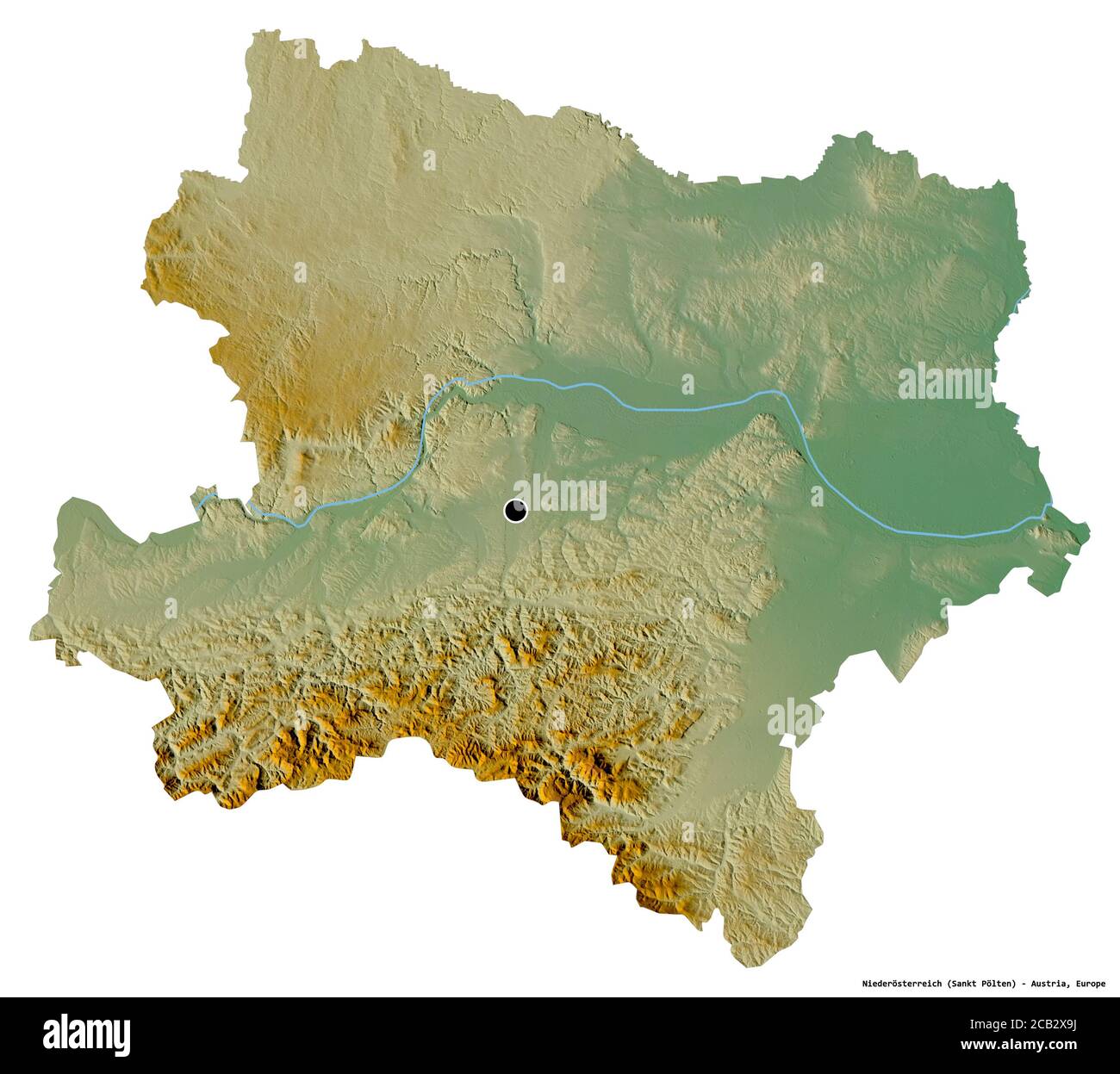 Shape of Niederösterreich, state of Austria, with its capital isolated on white background. Topographic relief map. 3D rendering Stock Photo