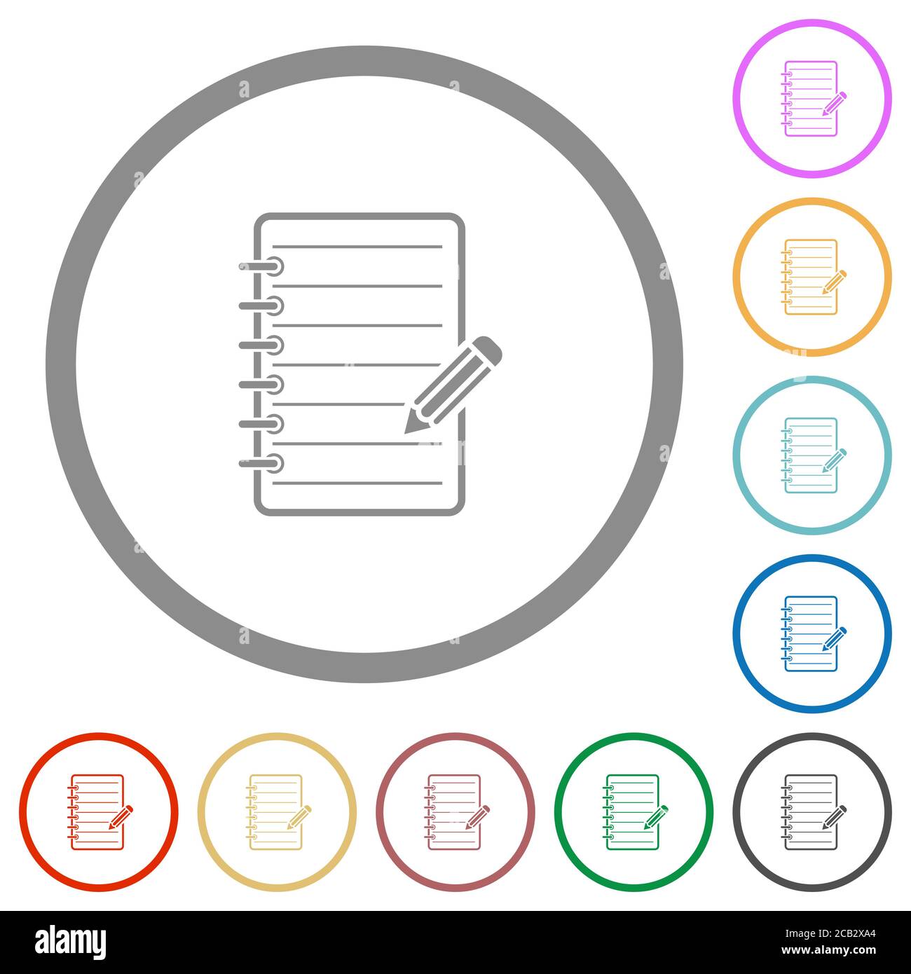 Spiral notepad with pencil flat color icons in round outlines on white ...