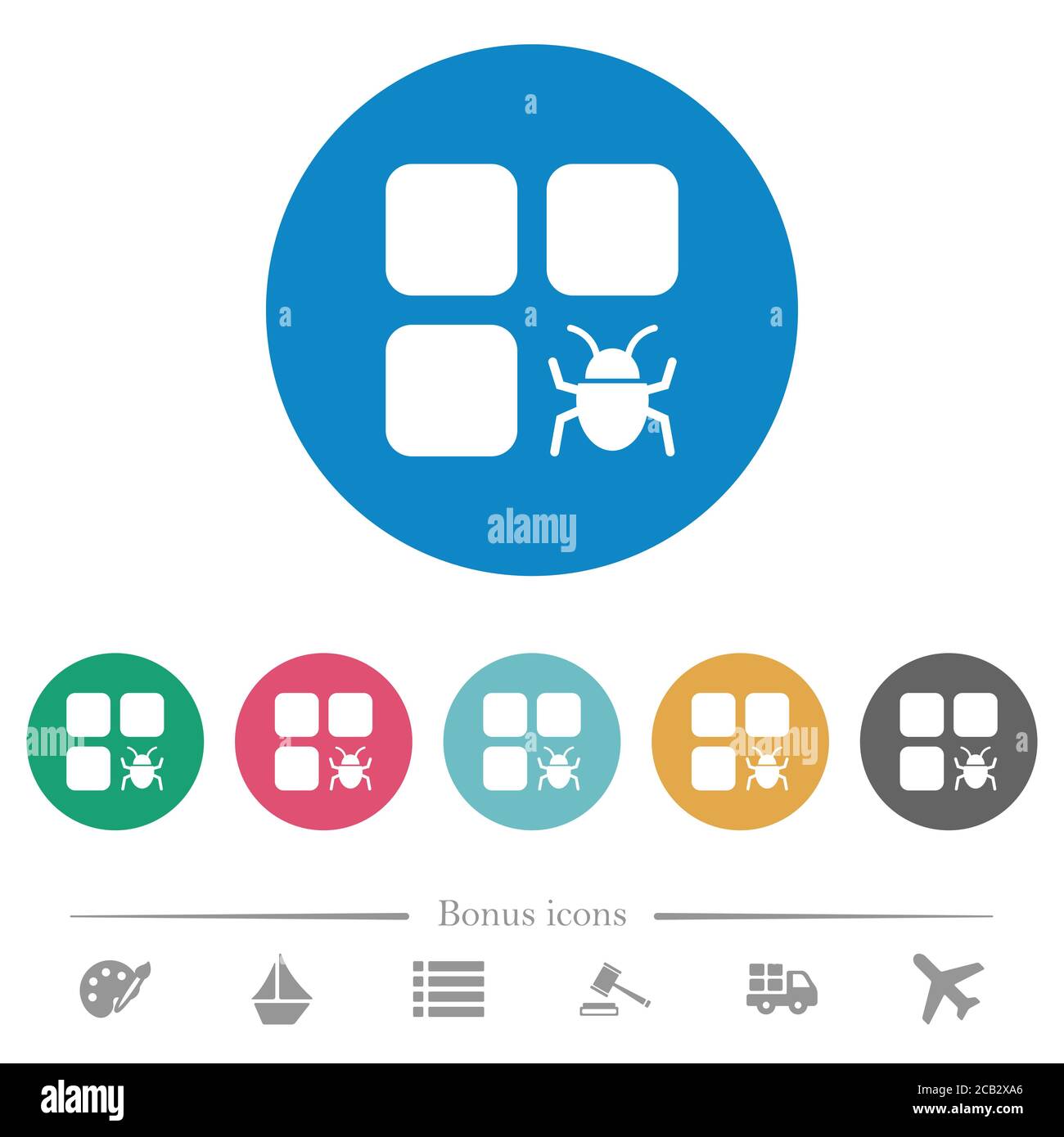 Component bug flat white icons on round color backgrounds. 6 bonus ...
