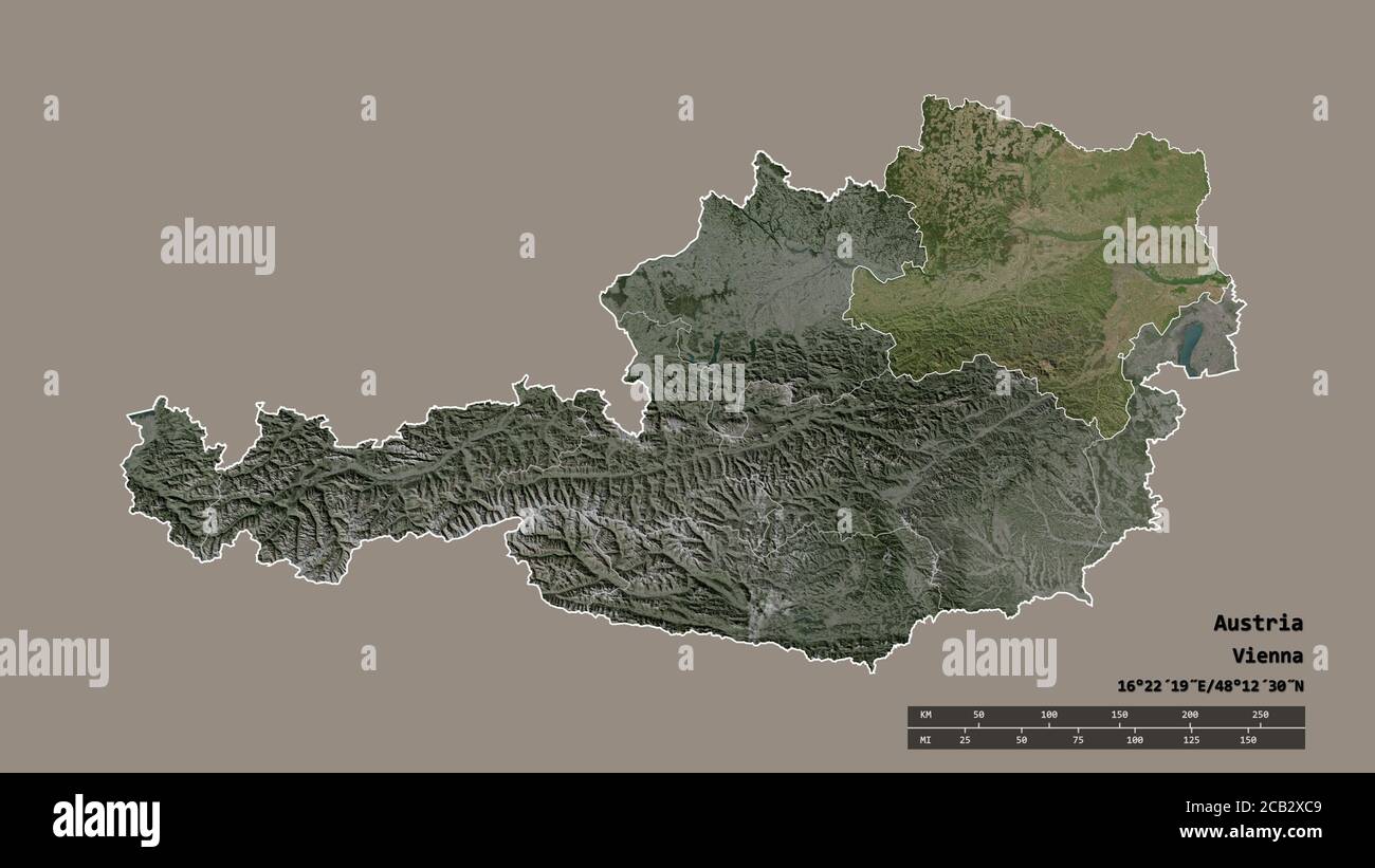 Desaturated shape of Austria with its capital, main regional division and the separated Niederösterreich area. Labels. Satellite imagery. 3D rendering Stock Photo