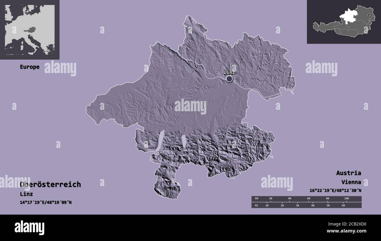 Shape of Oberösterreich, state of Austria, and its capital. Distance ...