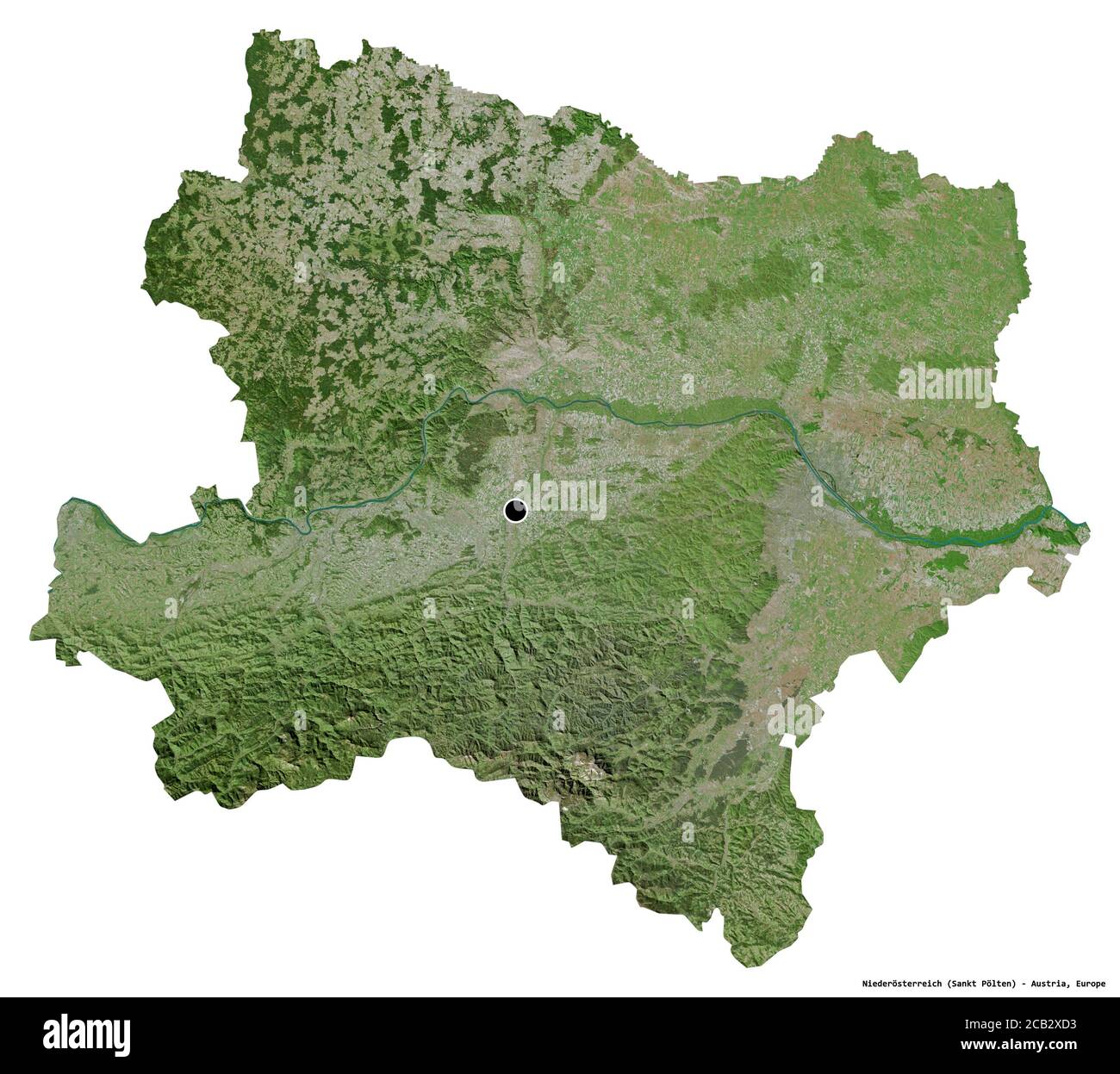 Shape of Niederösterreich, state of Austria, with its capital isolated on white background. Satellite imagery. 3D rendering Stock Photo