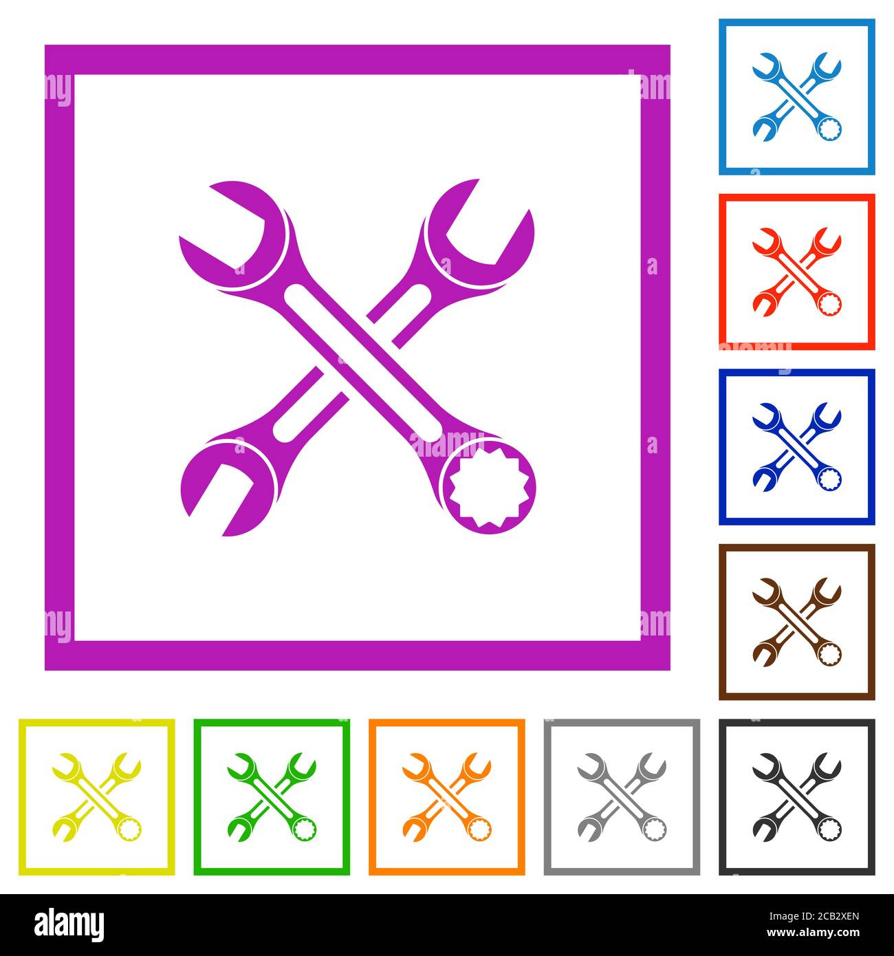 Two wrenches flat color icons in square frames on white background Stock Vector
