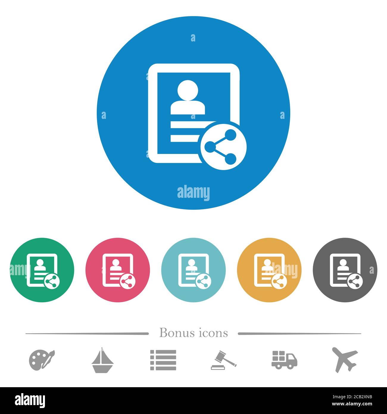 Share contact flat white icons on round color backgrounds. 6 bonus ...
