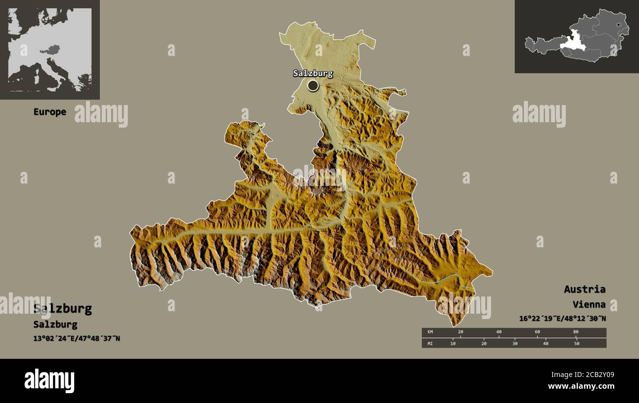 Shape of Salzburg, state of Austria, and its capital. Distance scale ...