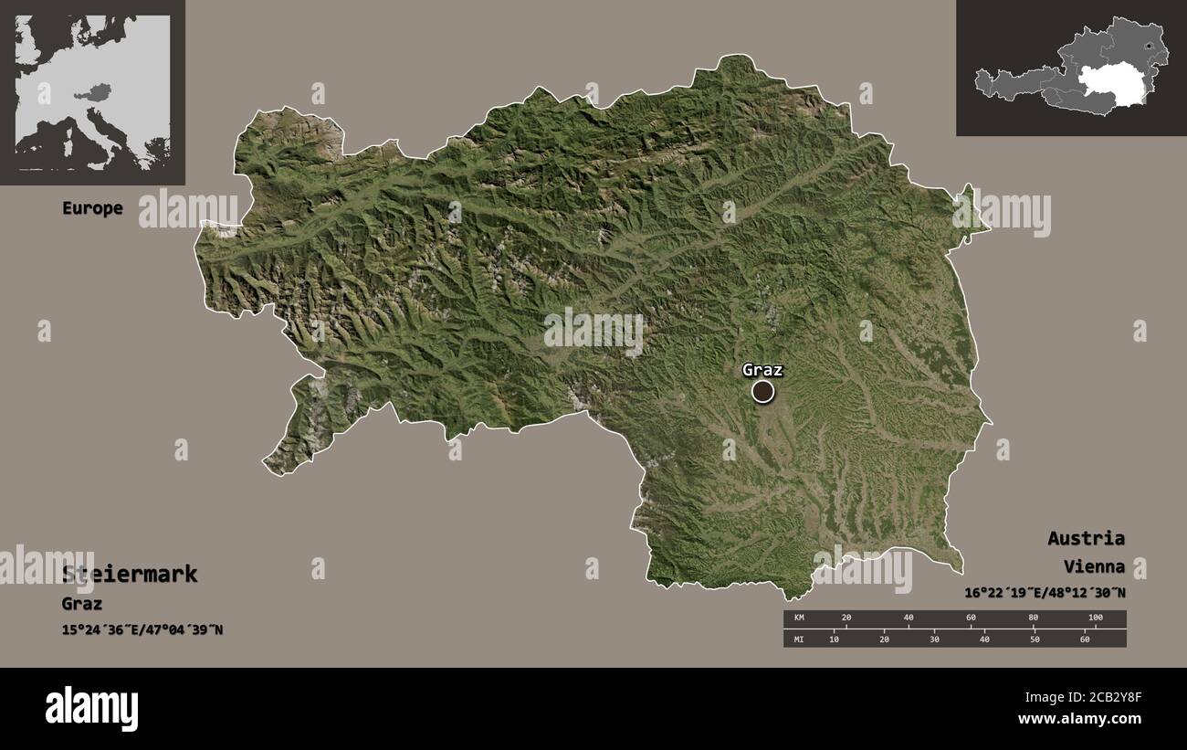 Shape of Steiermark, state of Austria, and its capital. Distance scale ...