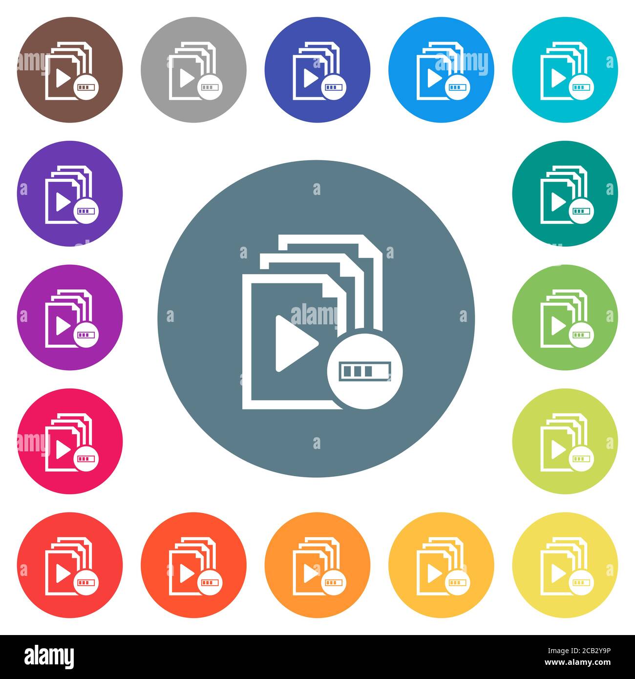 Processing playlist flat white icons on round color backgrounds. 17 ...