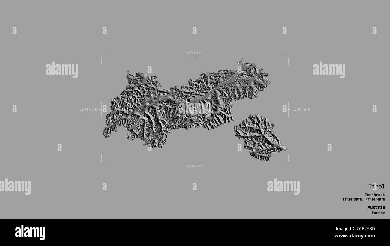 Area of Tirol, state of Austria, isolated on a solid background in a georeferenced bounding box. Labels. Bilevel elevation map. 3D rendering Stock Photo