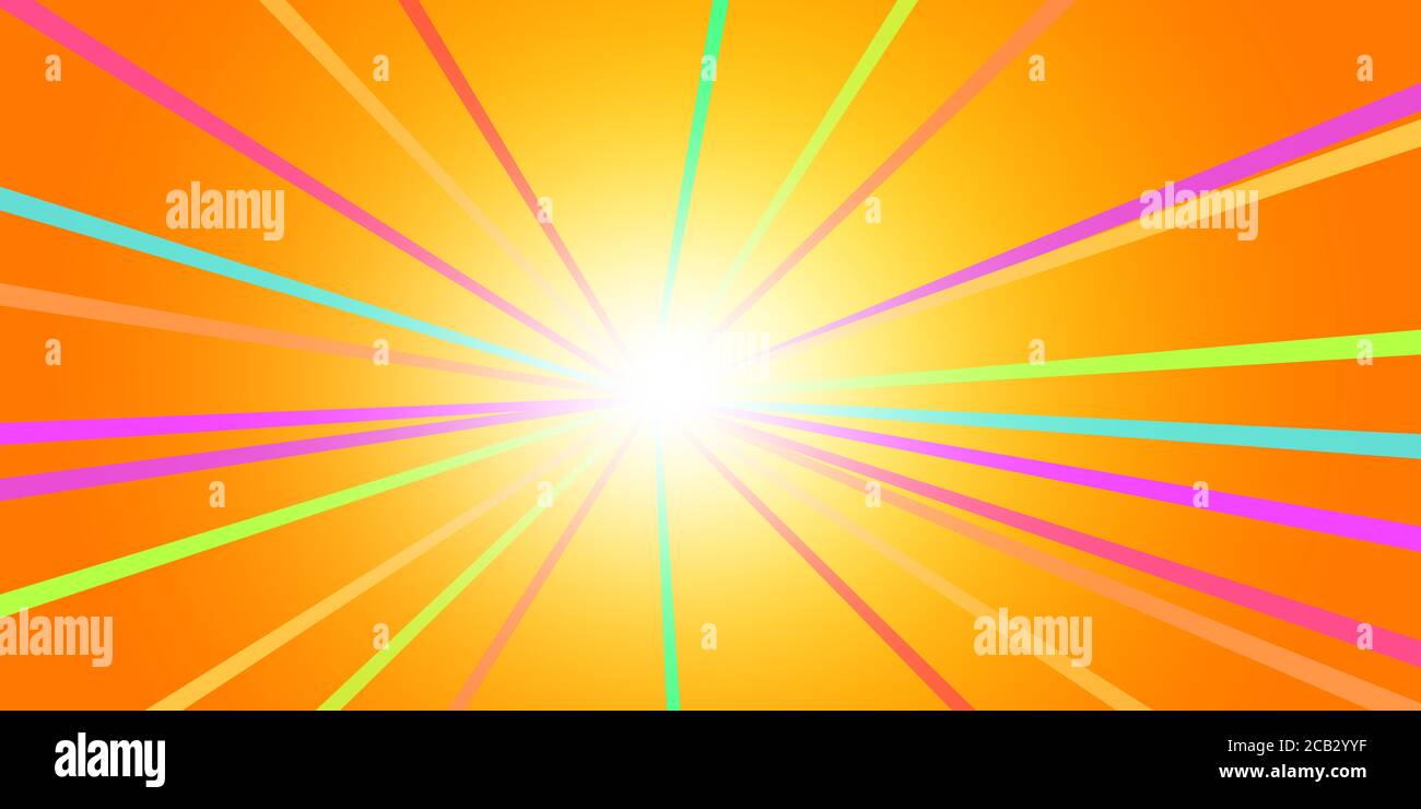 Sun rays explosion orange background with colorful rays, summer promotion yellow abstract exposed rays Stock Photo
