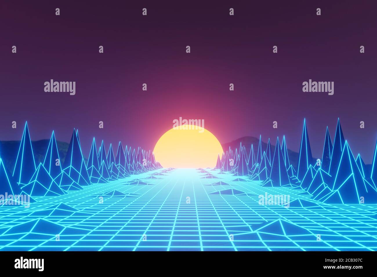 3d rendering, Virtual reality, road from geometric lines between the mountains to the setting sun Stock Photo