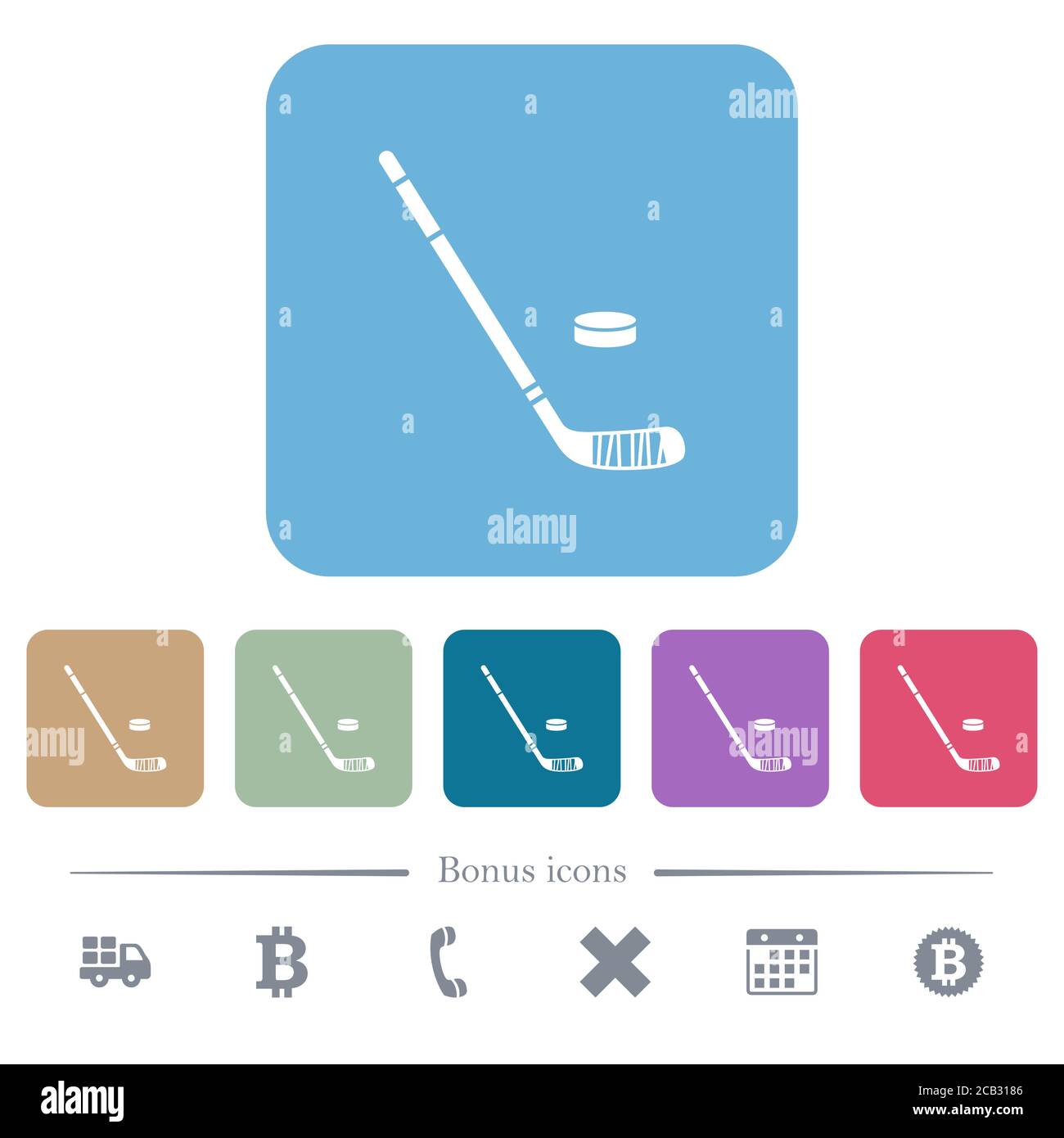 Hockey stick and puck white flat icons on color rounded square ...