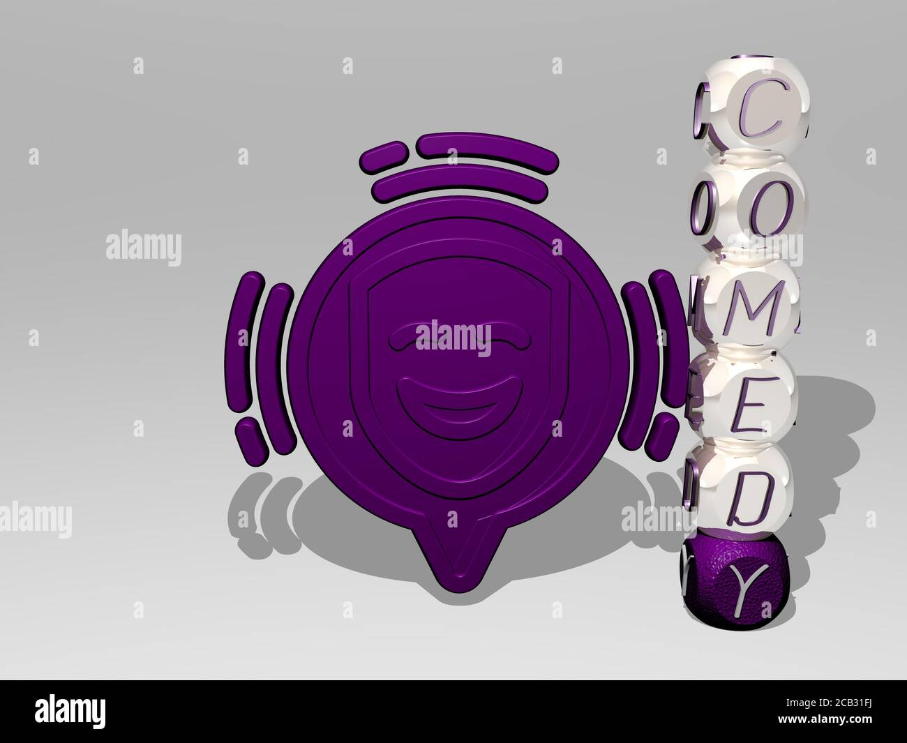 comedy 3D icon beside the vertical text of individual letters. 3D ...