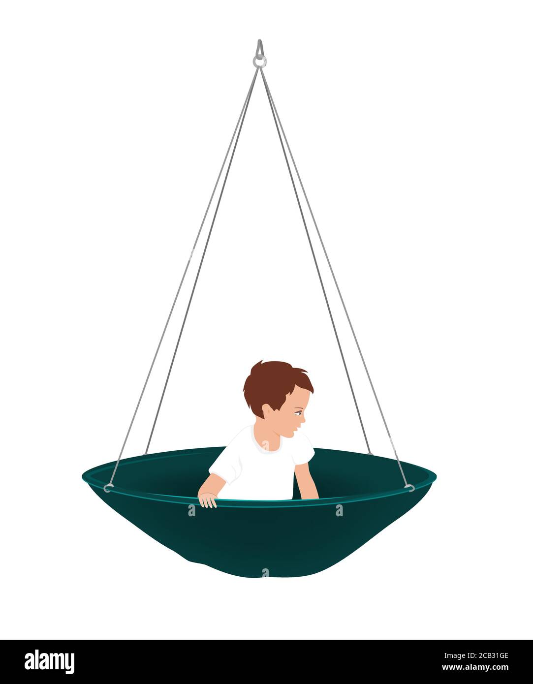 Vector illustration of cute little boy in round hammock. Kids vestibular activities, ergotherapy, or sensory integration concept. Isolated object on Stock Vector